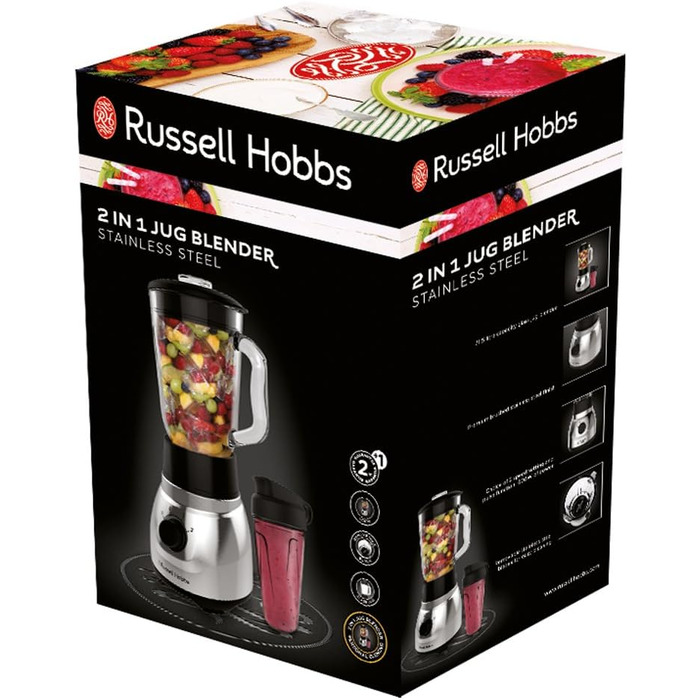 Стаціонарний блендер Russell Hobbs 2-в-1: 1,5 л скляна чаша + 0,6 л пляшка для смузі, нержавіюча сталь, подрібнення льоду, BPA Free, для коктейлів та смузі, модель 23821-56