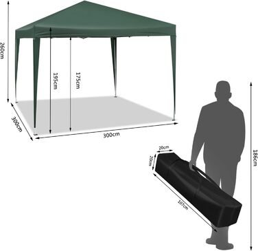 WOLTU павільйон Pop-Up 3x3 м, водонепроникний садовий тент із оксфорду, металевий каркас, для тераси, кемпінгу, фестивалю, захист від сонця, зелений