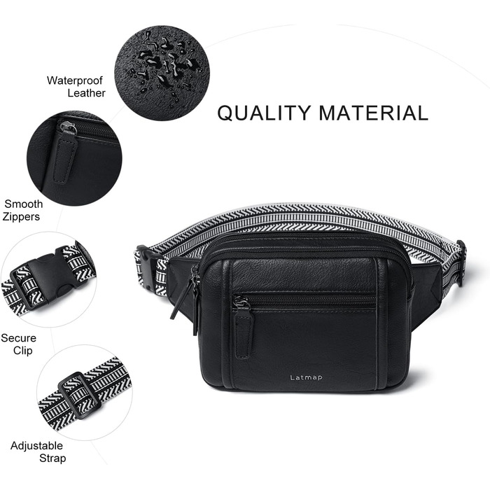Жіноча бананка 3L Crossbody з екошкіри, водостійка та проти крадіжок, чорна поясна сумка для спорту та міста
