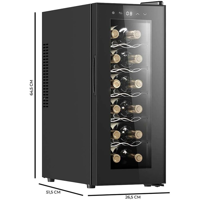Винний шафа Cecotec Bolero GrandSommelier 830 CoolWood, термоелектрична, тиха, енергоефективна, сенсорне керування, температура 8-18°C, для 12 пляшок, чорна