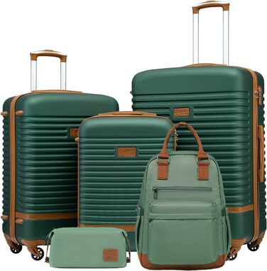 Набір валіз COOLIFE з ABS-пластику на 4 колесах із TSA-замком, біло/коричневий, 3 предмети: велика валіза, рюкзак для подорожей та косметичка, або набір з 5 предметів, темно-зелений/коричневий