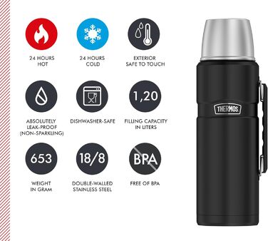 Термос THERMOS STAINLESS KING 1,2 л, чорний, нержавіюча сталь, герметичний, з чашкою і ручкою, 12 годин гарячий, 24 години холодний, для напоїв, BPA-free