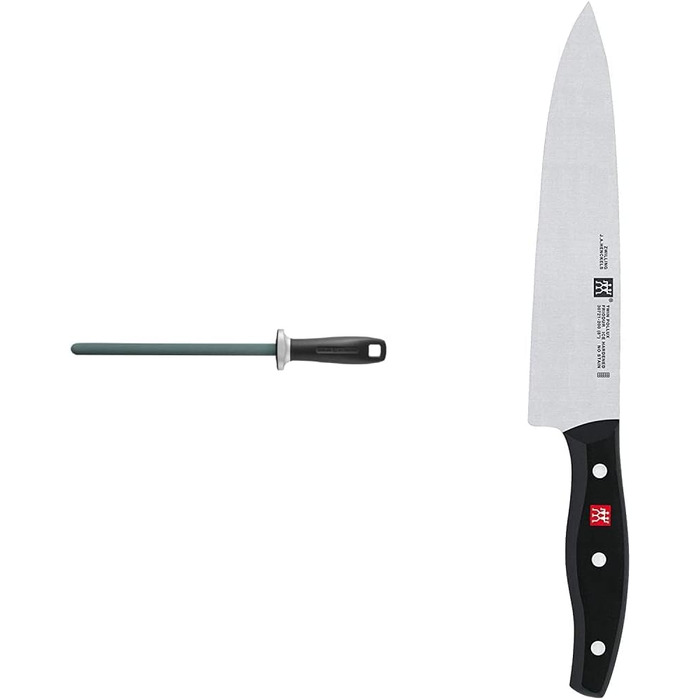 Керамічний мусат ZWILLING 23 см з чорної ручкою та кухонний ніж ZWILLING 20 см з широким лезом, чорний/сріблястий
