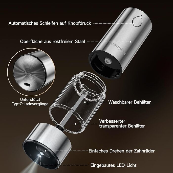 Електричні млини для солі та перцю Variglas, 2 шт, USB, велика ємність, регульований помел, LED-підсвітка