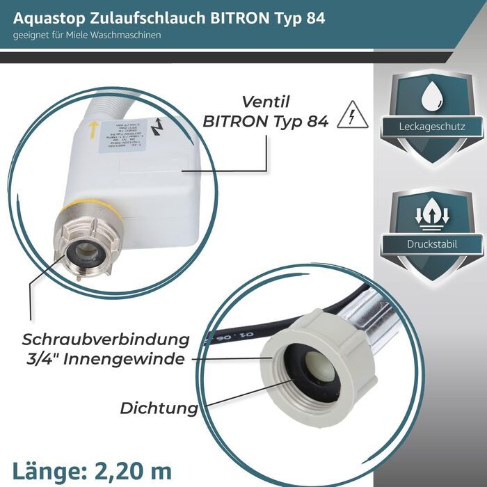 Шланг подачі води Aquastop 2,2 м BITRON Typ 84 для пральної машини Miele, 3/4 дюйма, захисний WPS з електричним підключенням