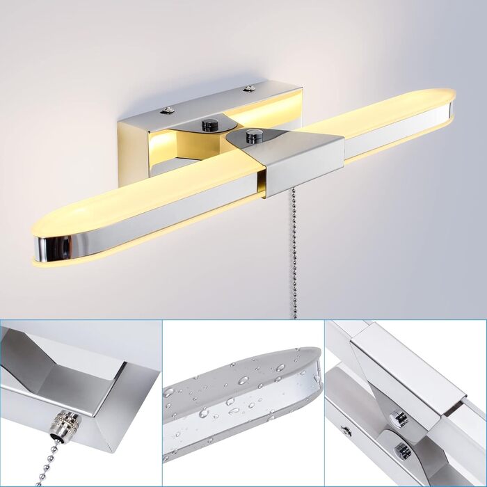 Світильник для ванної MantoLite LED з вимикачем, 40 см, 8 Вт, 3000K, настінна лампа для дзеркала з нержавіючої сталі й акрилу, сучасне підсвічування для готелю, ресторану