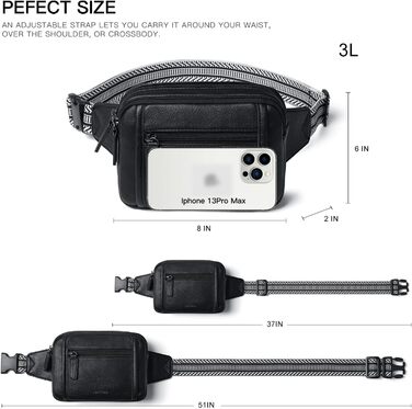 Жіноча бананка 3L Crossbody з екошкіри, водостійка та проти крадіжок, чорна поясна сумка для спорту та міста