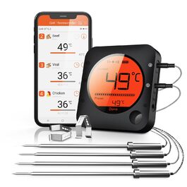 Бездротовий Bluetooth термометр для гриля BFOUR 100м з 4 нержавіючими зондами, великим LCD-дисплеєм, для м'яса, гриля, коптильні, духовки та BBQ