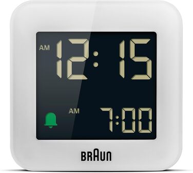 Цифровий дорожній будильник Braun BC08W з функцією відстрочки, компактний, негативний LCD-дисплей, швидке налаштування, наростаючий сигнал, білий