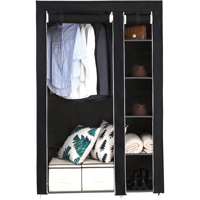 Тканинна шафа SONGMICS XL з вішалкою, складана, для одягу, 110x175x45 см, чорна, LSF007, органайзер для зберігання, кемпінг