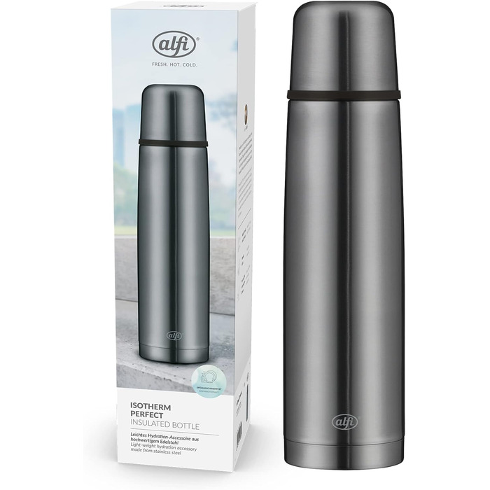 Термос alfi ISOTHERM PERFECT AV 1,0 л, нержавіюча сталь, автоматична кришка, герметичний, із термочашкою, матовий сірий, зберігає тепло 12 годин, не залишає відбитків, BPA-free