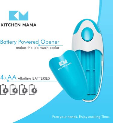 Автоматична електрична відкривачка для консервів Kitchen Mama, безпечна, з гладким краєм, харчова нержавійка, блакитна