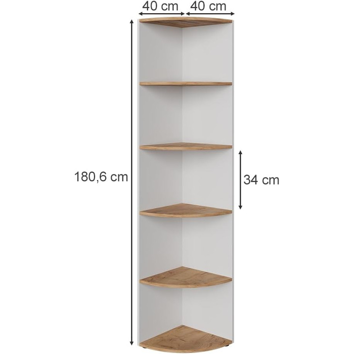 Кутова полиця Vicco Ecki, книжкова, біла/дуб золотистий, 180x40 см