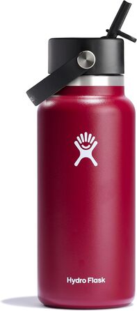 Термобутилка Hydro Flask 946 мл, вакуумна, нержавіюча сталь, з гнучкою кришкою та трубочкою, широка горловина, червона (Berry Red)
