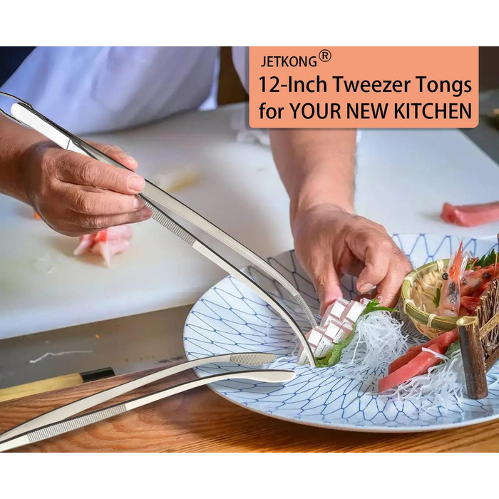 Набір з 2 кухонних щипців-пінцетів JETKONG 30,5 см із нержавіючої сталі, професійні довгі щипці для приготування їжі та гриля, сріблясті