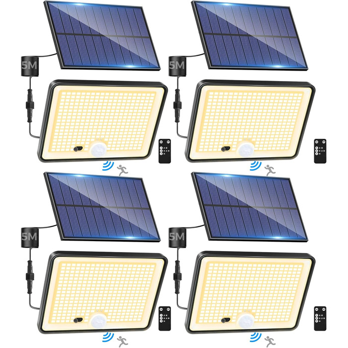 LOTMOS сонячні LED ліхтарі для вулиці з датчиком руху, 342 LED, IP65, 3 режими, тепле біле світло, з пультом, для саду та гаража, 4 шт.