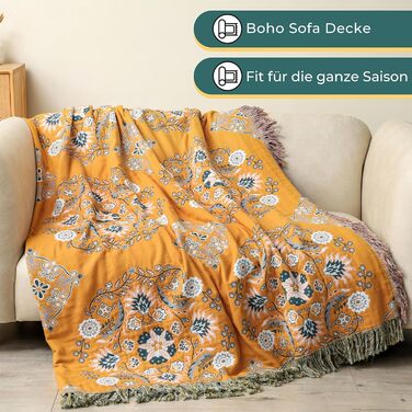 Покривало HOORDRY Boho для ліжка та дивана, бавовняна двостороння ковдра 150×200 см з китицями, жовто-зелене, для спальні та вітальні