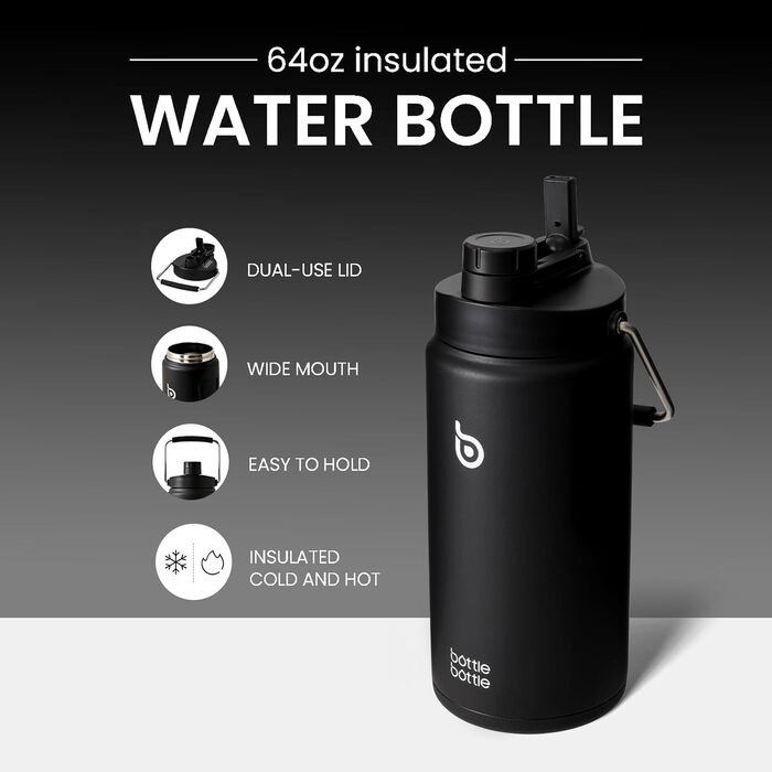 Ізольована сталева пляшка для води 1,8 л BOTTLE BOTTLE з трубочкою, кришкою, ручкою та відділенням для пігулок, BPA-free, не протікає, для спорту, фітнесу, походів, чорна