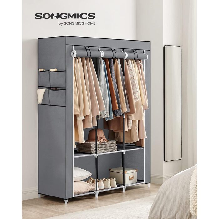 SONGMICS Тканинна шафа для одягу з 4 підвісними полицями, бічними кишенями, великою місткістю, сіра, 45x130x167 см, для спальні та вітальні