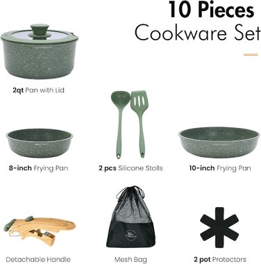 Набір каструль і сковорідок Kitchen Academy 10 предметів з мармуровим антипригарним покриттям, скляними кришками, для індукції, зелений колір