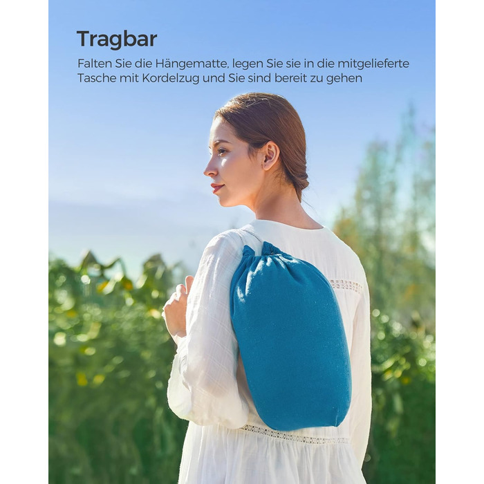 Гамак SONGMICS 210x150 см для двох, 300 кг, з сумкою, ременями та карабінами, для тераси, балкона, саду, кемпінгу, синій