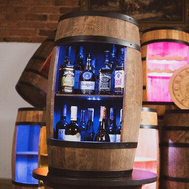 Дерев'яний бар-винний стелаж CREATIVE COOPER Fass Bar LED RGB з тримачем для вина, винний шафа-бочонок 80x50 см, темно-коричневий, для дому, декор у стилі рустик