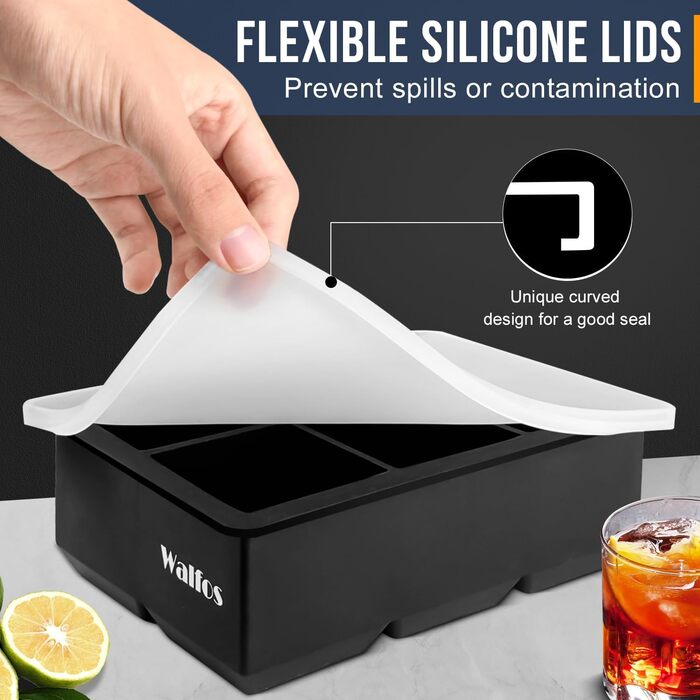 Силіконові форми для льоду Walfos, 2 шт., великі, з кришкою, BPA-free, для коктейлів, віскі, шоколаду, дитячого харчування, гнучкі, легке виймання, підходять для посудомийної машини