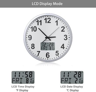 Сучасний настінний годинник KWANWA без тикань, цифровий LCD/LED дисплей, календар і температура, на батарейках, 30,5 см, 12-годинний формат, для кухні, спальні та офісу