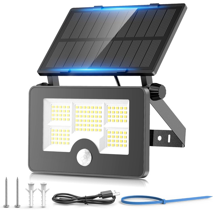 Сонячний LED прожектор для вулиці з датчиком руху, 122 LED, 4 режими, USB, акумулятор 2200 мАг, IP65, світильник на паркан для саду