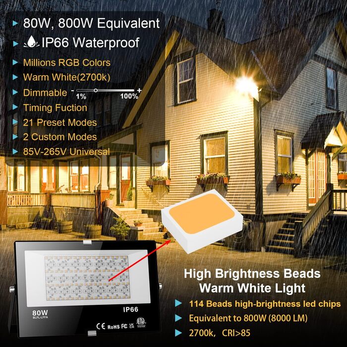 RGB LED прожектор 80W для вулиці з Bluetooth, керування через додаток, розумне освітлення, 2700K, мільйони кольорів, димірується, IP66, водонепроникний, для саду та фасаду