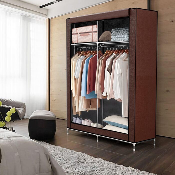 Складана шафа для одягу 108x45x170 см сіра, тканинна з металевим каркасом, блискавкою, полицями та бічною кишенею Biber Braun