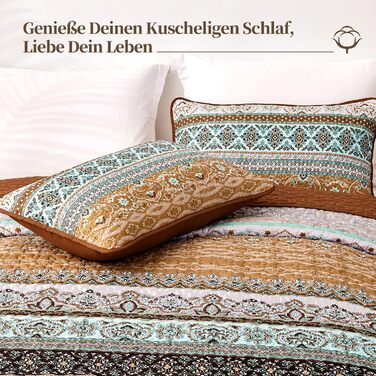Покривало WONGS BEDDING 220x240 см Boho, стьобане, мікрофібра, 3 предмети: покривало та 2 наволочки 50x70, для двоспального ліжка, коричневе, для спальні чи дивана
