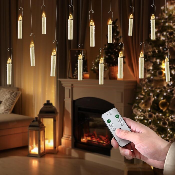 Cimetech Набір з 20 бездротових LED свічок для ялинки, тепле біле світло, з пультом і таймером, підвісні, для новорічного декору, 1.5 x 8 см