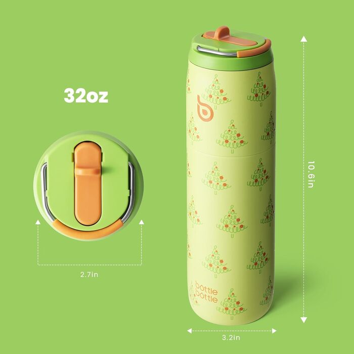 Термос пляшка для води bottlebottle, 946 мл, з трубочкою та ручкою, нержавіюча сталь, ізольована, спортивна, герметична, BPA-free, малюнок Дерево