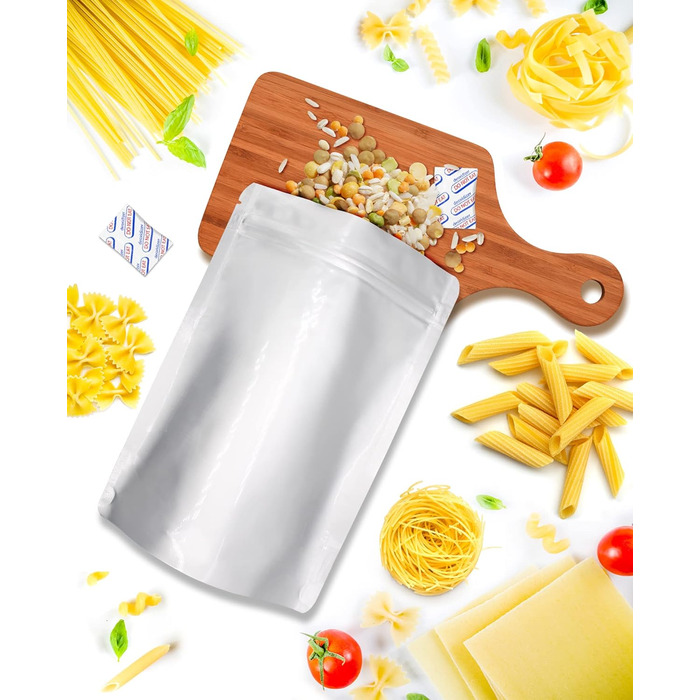 Набір 90 mylar-пакетів із поглиначем кисню для зберігання продуктів, 1 кварт (15x22 см), герметичні, 8.6 Mil, багаторазові пакети для харчових продуктів, міларові пакети з поглиначем кисню 9000CC, термозапаювані, багаторазово закриваються