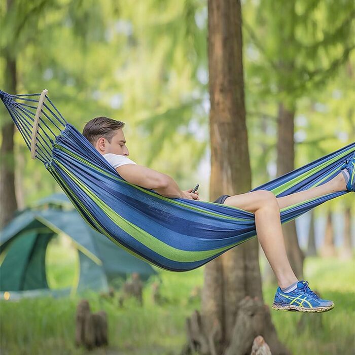 Подвійний гамак 280x150 см для вулиці, стрижневий, туристичний, для кемпінгу та саду, сині смуги, до 300 кг, портативний і дихаючий