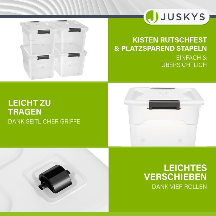 Набір пластикових контейнерів з кришкою Juskys, 4 шт. по 60 л — прозорі, великі, для зберігання, штабельовані