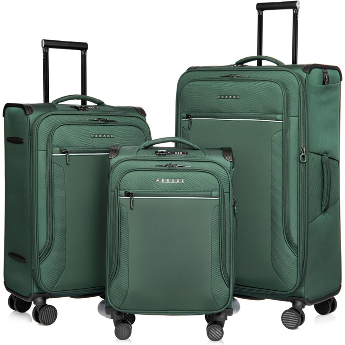 Валіза Verage Toledo III 82 см, м'яка, 4 подвійні колеса, TSA-замок, розширювана, темно-зелена, набір 3 шт. (S+M+L)