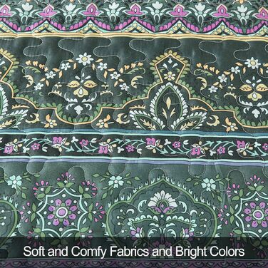 Покривало WONGS BEDDING 220x240 см, стьобане, комплект 3 шт. для двоспального ліжка, мікрофібра, у стилі бохо, темно-зелене, з 2 наволочками 50x70 см, для спальні чи дивану