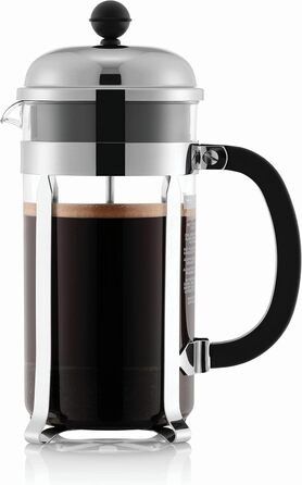 Френч-прес Bodum Chambord 1 л, блискучий + набір склянок Pavina 6 шт, подвійні стінки, 0.35 л, прозорі