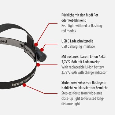 Налобний ліхтар Brennenstuhl LuxPremium LED акумуляторний із сенсором, USB C, червоне світло, захист IP44, OSRAM LED, 400 лм, до 50 годин роботи