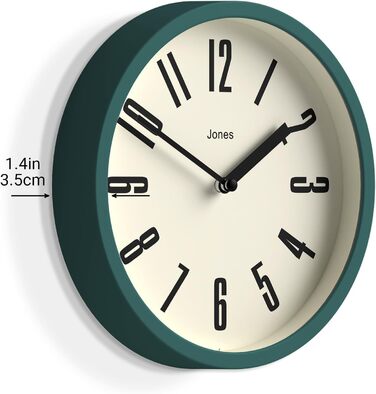 Ретро настінний годинник JONES CLOCKS 20 см, темно-зелений, великі цифри, для кухні, офісу, дитячої кімнати, ванної, легке зчитування
