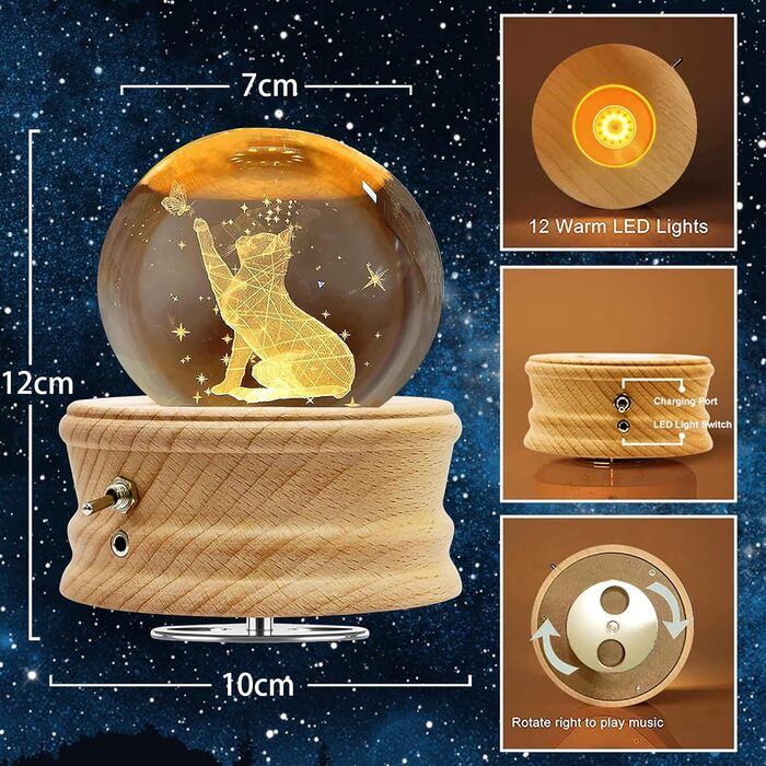 BUOTAU музична скринька 3D кришталева куля з підсвіткою, обертається на 360°, з дерев'яною основою, проекція світла, подарунок для дітей, жінок, креативний декор