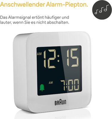 Цифровий дорожній будильник Braun BC08W з функцією відстрочки, компактний, негативний LCD-дисплей, швидке налаштування, наростаючий сигнал, білий