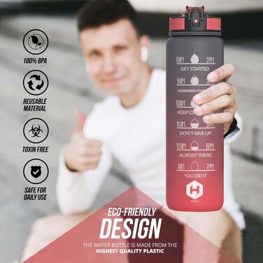 Пляшка для води 1 л BPA Free із соломинкою та часовими мітками, для велосипеда, спорту, школи та активного відпочинку, підходить для газованих напоїв, сіра та червона