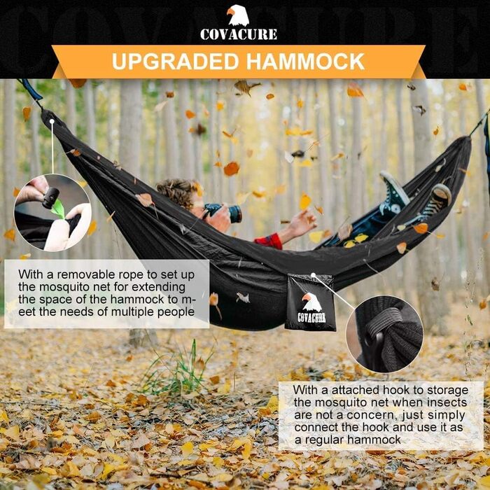 Гамак COVACURE з москітною сіткою для двох, 350 кг, 290x140 см, ультралегкий туристичний гамак для кемпінгу, саду, виживання (чорний)