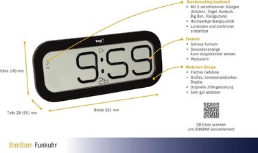 Цифровий настінний годинник TFA Dostmann з радіокеруванням, 5 мелодій годинника (Big Ben, птах, зозуля, дзвони, співаюча чаша), будильник, LED-дисплей, білий (чорний)