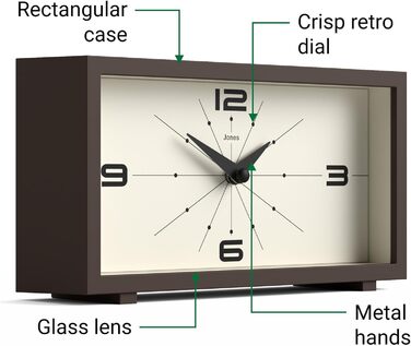 Настільний годинник JONES CLOCKS Odeon, сучасний прямокутний дизайн у ретро-стилі, для полиці, столу, каміна або тумбочки, коричневий