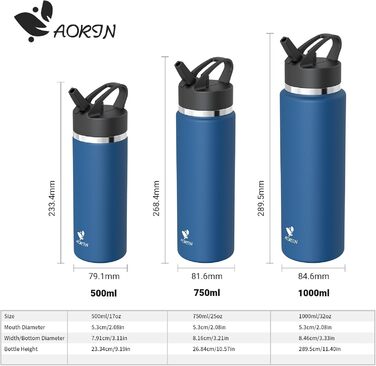 AORIN Термос-пляшка з нержавіючої сталі 1000 мл, вакуумна, з трубочкою, герметична, дитяча пляшка для води, BPA Free, для спорту, школи, фітнесу, outdoor, синя