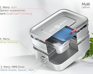 Ланч-бокс із нержавіючої сталі Premium Multi 1550 мл, двоярусний, з роздільником, мініконтейнером 150 мл, 2 кришками, 5 кільцями для декору, герметичний, Smart Clips, Edelstal